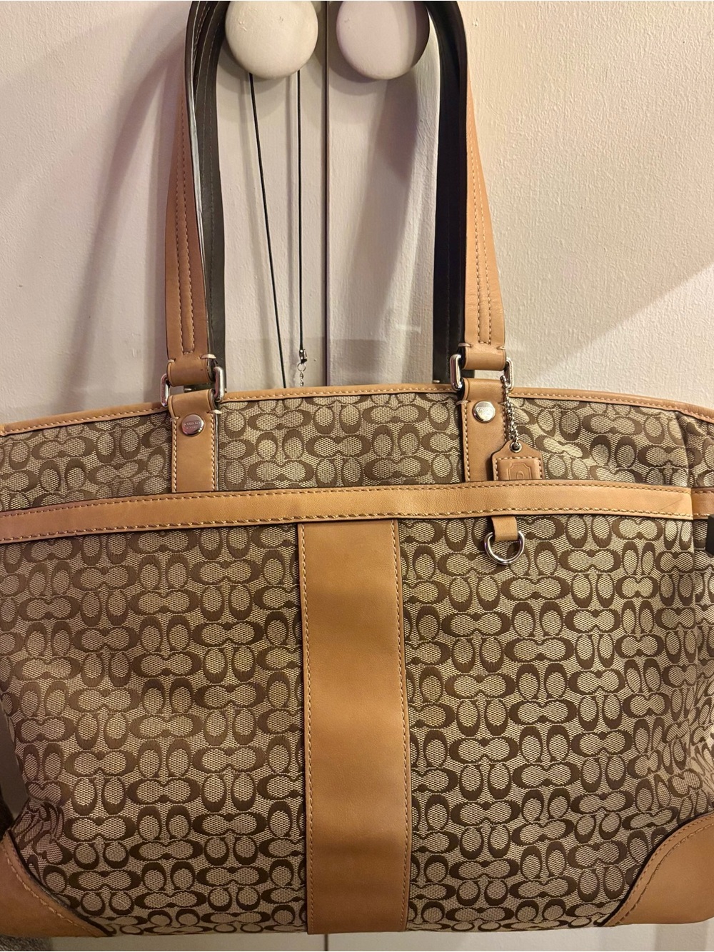 Coach Beige/Tan Signature Canvas Tote with Leather Trim /Baby Bag